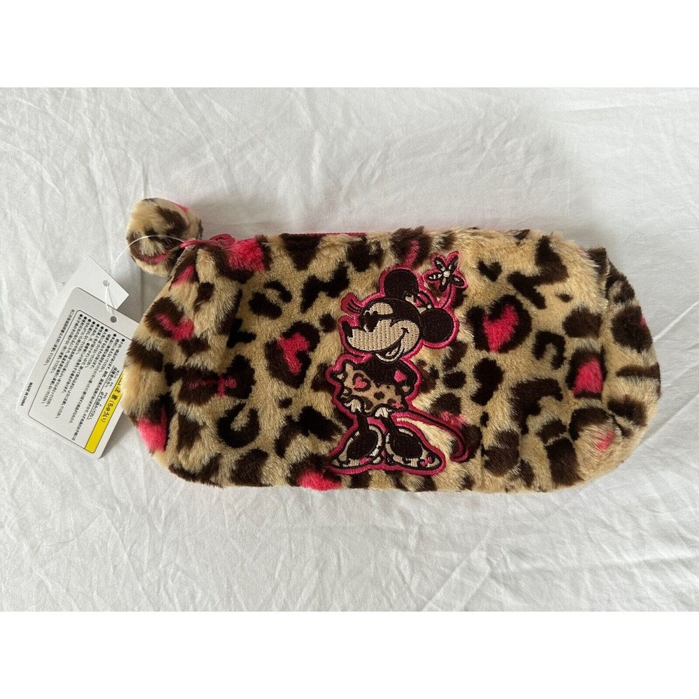 Minnie Cosmetic/Pen Bag Muffler Pink Leopard Pattern Fluffy Tokyo Disney Japan
